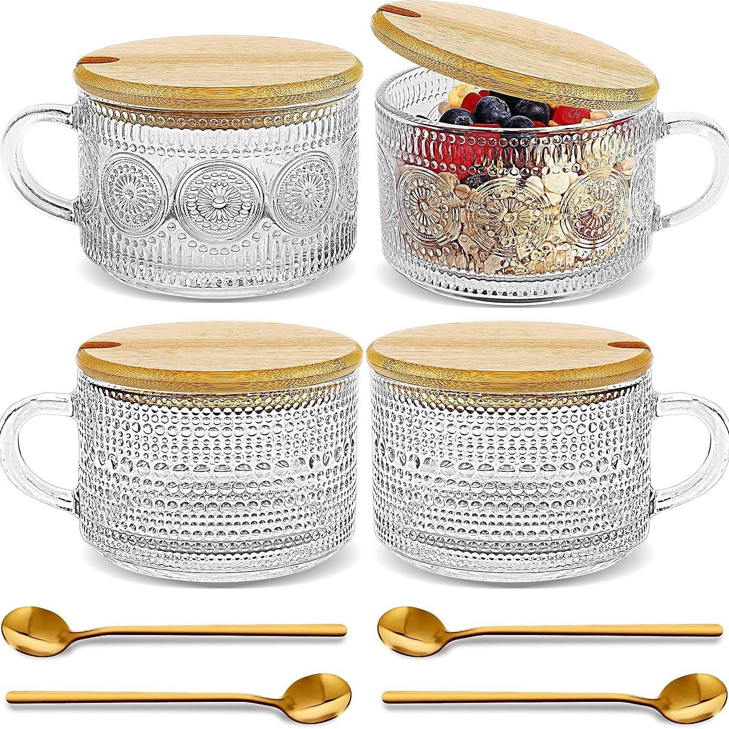 Meal Prep Oatmeal Jars - 8 Pack Vintage Embossed Glass Mugs