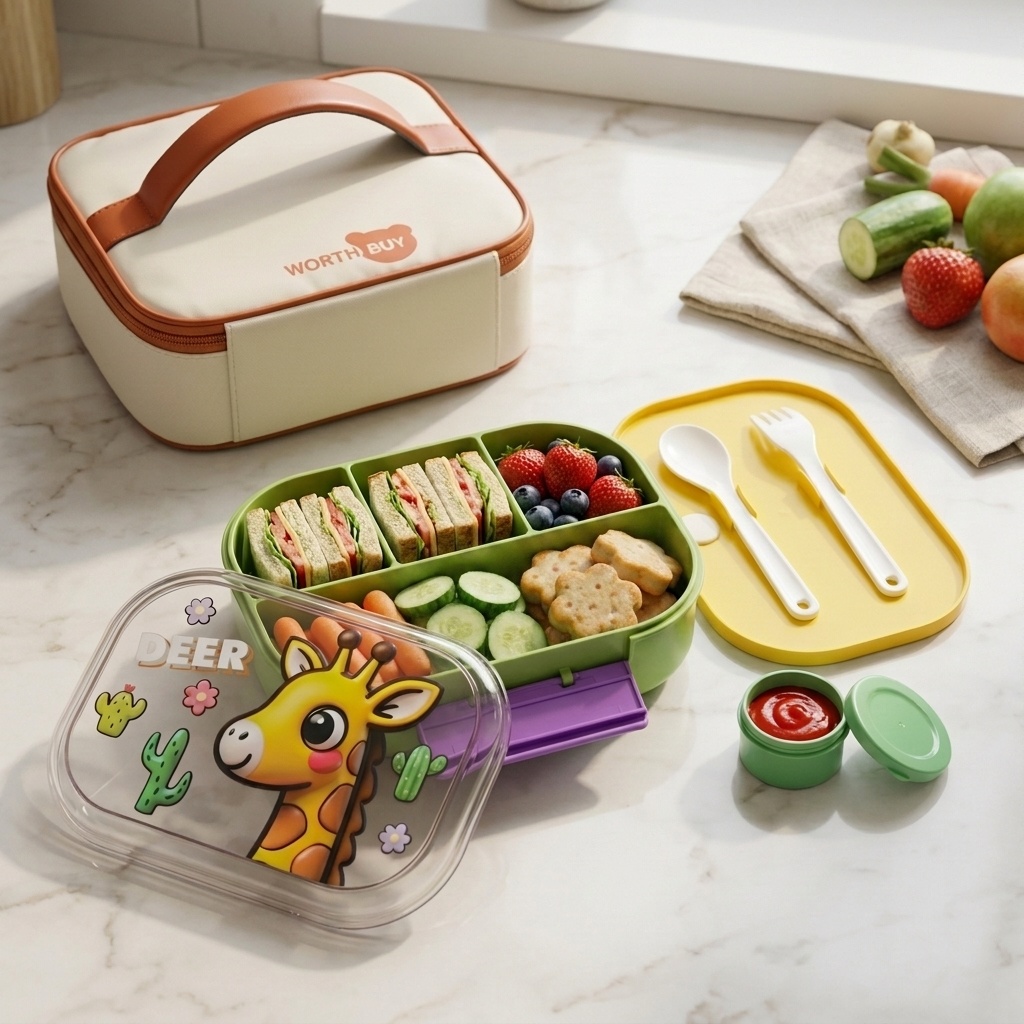 Meal Prep Lunch Boxes - Cute Kids Bento Box 4 Compartment