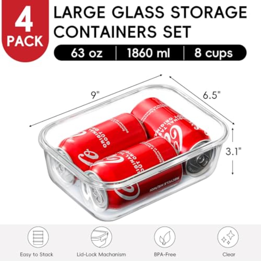 4 Pack 8 Cups/ 63oz Large Glas - Meal Prep Glass Containers With Lids recensie en prijs